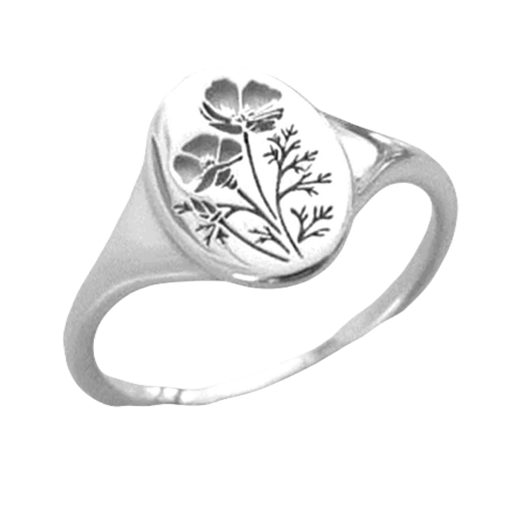 New Minimalist Bohemian Orchid Sterling Silver Signet Floral Engraved Ring
